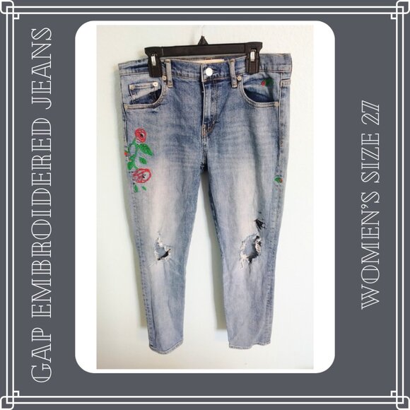 Women's GAP Distressed Embroidered Best Boyfriend Jeans with Roses and Birds - Picture 1 of 9